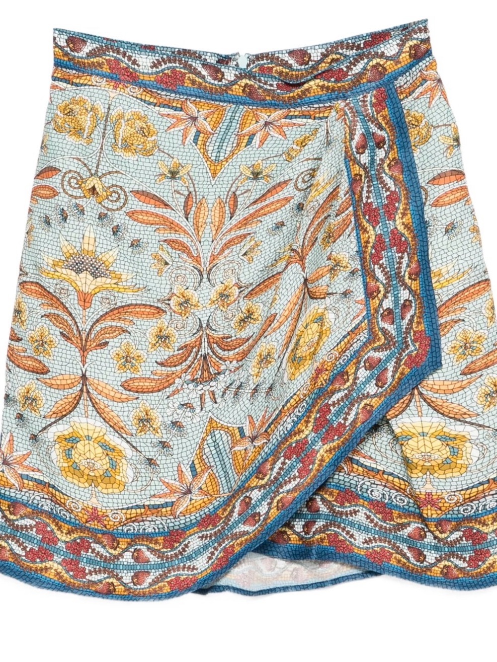 FARM Rio Blue Floral Wrap Skirt with Yellow & Rust Accents